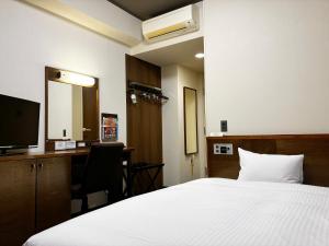 a bedroom with a bed and a desk and a television at Hotel Route-Inn Seki in Sekimachi
