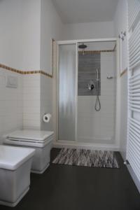 a white bathroom with a shower and a toilet at Room&Breakfast Villa Angela in Sala Baganza