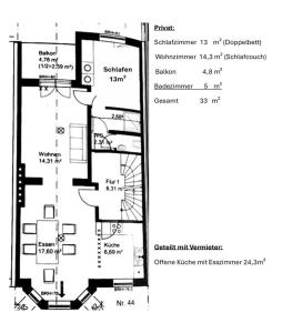 a floor plan of a house at Gemütliche Wohnung mit geteiltem Essbereich am Rande des Bremer Viertel in Bremen
