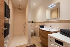 un bagno con lavandino, water e specchio di Ferienwohnung Buchmann a Kirchbichl