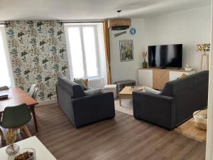 ein Wohnzimmer mit zwei Sofas und einem Flachbildfernseher in der Unterkunft Les Chamois du Sancy in Le Mont-Dore