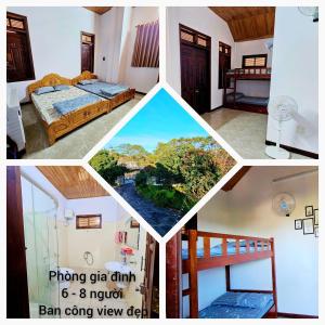 a collage of four pictures of a hotel room at Roll Huynh in Kon Plong