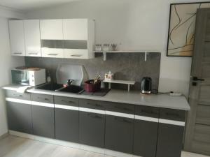 kuchnia z białymi szafkami i blatem w obiekcie WOLSKA APARTMENT 80m2 - 7 people, 3 rooms we Wrocławiu