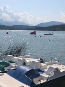 a group of boats parked in the water at Appartment Isabelle Sky in Presseggersee