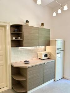 a kitchen with a counter with a microwave and a refrigerator at Villa Bagolyvár in Balatonszemes