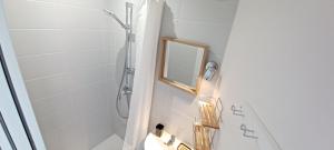 ein Badezimmer mit Dusche und Spiegel in der Unterkunft Les Chamois du Sancy in Le Mont-Dore