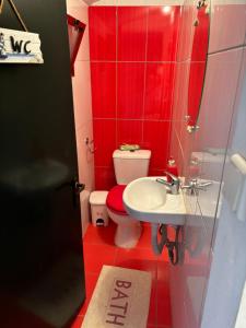ネア・フォケアにあるGreen House in the Seaのトイレと洗面台を備えた小さな赤いバスルーム +5枚の写真