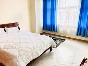 une chambre avec un lit et une fenêtre avec des rideaux bleus dans l'établissement Thika Furnished Apartments, à Thika