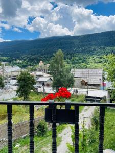a view of a town from a balcony with red flowers at Mamukas Guesthouse in Mestia
