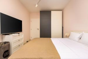 Un dormitorio con una cama grande y un televisor de pantalla plana. en Bright and Cozy 1BD Flat in Plovdiv with Parking by Flat Mаnager, en Plovdiv
