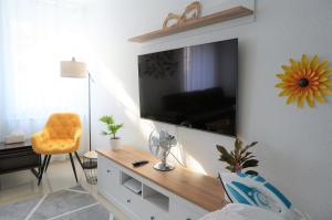 a living room with a large television on the wall at Mein Apartment Flowers mit Kamin, bis 10 Personen in Frankenthal