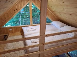 a bed in a wooden cabin with a window at Bear Watching Tiny House in Lupeni