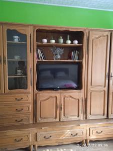 un centro di intrattenimento in legno con un televisore di Jelka a Sremski Karlovci