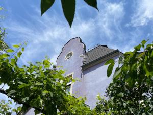 Langenlonsheim新艺术-霍夫酒店的侧面有钟的建筑物