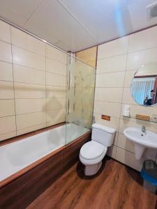 a bathroom with a toilet and a sink and a tub at Bi Saigon Hotel in Ho Chi Minh City