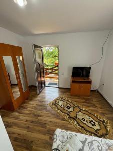 an empty living room with a door and a rug at Casa Eliza in Ocna Şugatag
