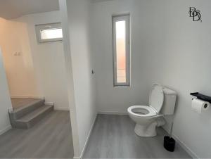 a white bathroom with a toilet and a window at T1 Bis appartement B3 30m2 Cosy 7min à pieds des Gares in Roanne +2 photos