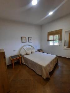 a bedroom with a large bed and a window at CASA RURAL A PIE DE PLAYA Remodelada 2024 in Chipiona