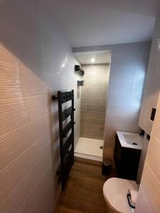 a small bathroom with a toilet and a shower at Vue mer wifi parking gratuit plage in Le Barcarès