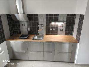 a kitchen with a sink and a wooden counter top at Zámecká pošta penzion in Neznašov