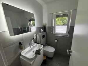 a bathroom with a sink and a toilet and a mirror at Direkt am See Winterberg Elkeringhausen in Winterberg +40 photos