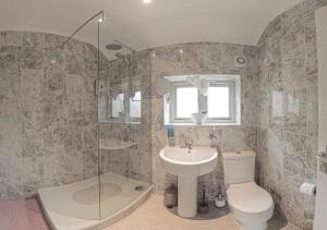 a bathroom with a toilet and a sink and a shower at The Mill Bed and Breakfast in Stone