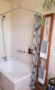 a bath tub in a bathroom with a shower curtain at Casa Natura Galicia in Santa María La Mayor del Rosario +57 photos