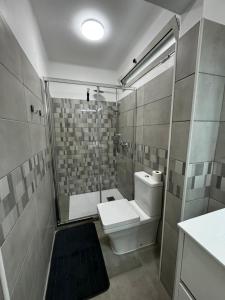 Un pequeño baño con inodoro y ducha. en Ocean Apartment, en Carvoeiro 6 fotos más