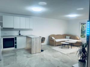 a kitchen and living room with a couch and a table at Apartman Zen in Bihać