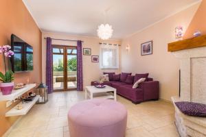een woonkamer met een paarse bank en een open haard bij Villa Emanuel in Barban