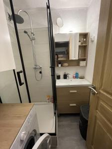 een kleine badkamer met een douche en een wasmachine bij Le Solaret in Bourg-Saint-Maurice +2 foto's