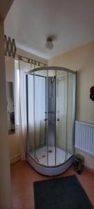 a large glass shower in a room at Småland Eksjö 2 mooie appartementen in Höreda