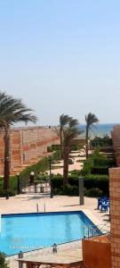 a large swimming pool with palm trees in the background at New venisia Resort in Ain Sokhna