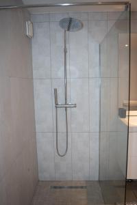 a shower with a glass door in a bathroom at Le Bathalzar in Villeneuve d'Ascq