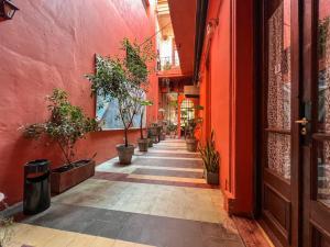 an alley with potted plants in a red building at ViaVia Buenos Aires GuestHouse in Buenos Aires