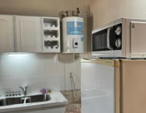 a microwave on top of a refrigerator in a kitchen at Sol de Alvear in General Alvear