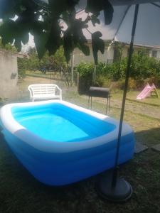 a blue tub in a yard with an umbrella at Maison des Poules Roses in Pierrelaye