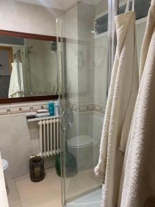 a bathroom with a shower and a toilet and a mirror at Mar de Alcabre in Vigo