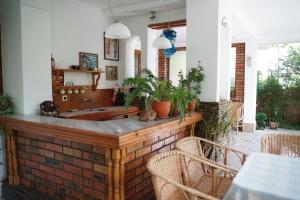 a kitchen with a counter with potted plants on it at Guest House Barbov in Obzor