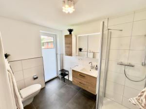 a bathroom with a shower and a toilet and a sink at FeWo Metje - Horumersiel in Wangerland +14 photos