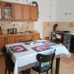 a kitchen with a table with a table cloth on it at U Melicherů in Suchdol nad Lužnicí