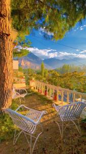 a group of chairs sitting next to a tree at Northlanders Guest House Skardu in Skardu