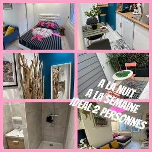 a collage of pictures of a small apartment at Appartement 2 personnes romantique tout confort alentours Boulogne sur mer 3 etoiles in Samer