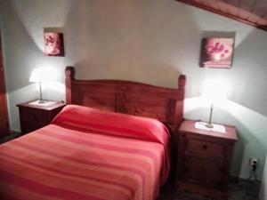 a bedroom with a bed and two night stands with lamps at Casa Rural Casa Martin in Cueva de Ágreda