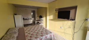 a living room with a television on a wall with a refrigerator at Loft Confortável no Centro in Chapecó