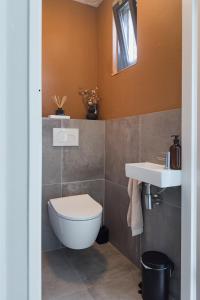 a bathroom with a toilet and a sink at 6-p Wellnesshuisje met sauna/hottub bij Nijmegen in Ewijk +23 photos