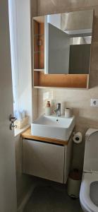 a bathroom with a sink and a mirror at Casa da Avo Ilda - Near the Sea in Matosinhos +37 photos