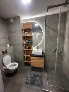 a bathroom with a toilet and a sink and a shower at MAR Residence 15 in Niš +23 photos