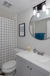 a bathroom with a sink and a toilet and a mirror at Classic Charm by the Park in Columbus