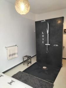 a bathroom with a shower and a black floor at Riad Agadir avec terrasse toit in Agadir